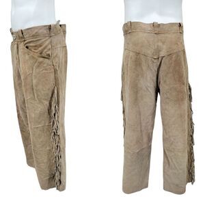 Vintage Buckskin Tan Suede Leather Fringe Pants by Pioneer Products SHORT INSEAM